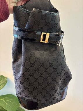 Gucci Black Monogram Canvas Belt-Detail Shoulder Bag with Gold Hardware